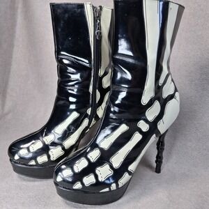 Too Fast Brand Skeleton Bone Platform Boots Size 8 Goth Punk Stiletto AS IS READ